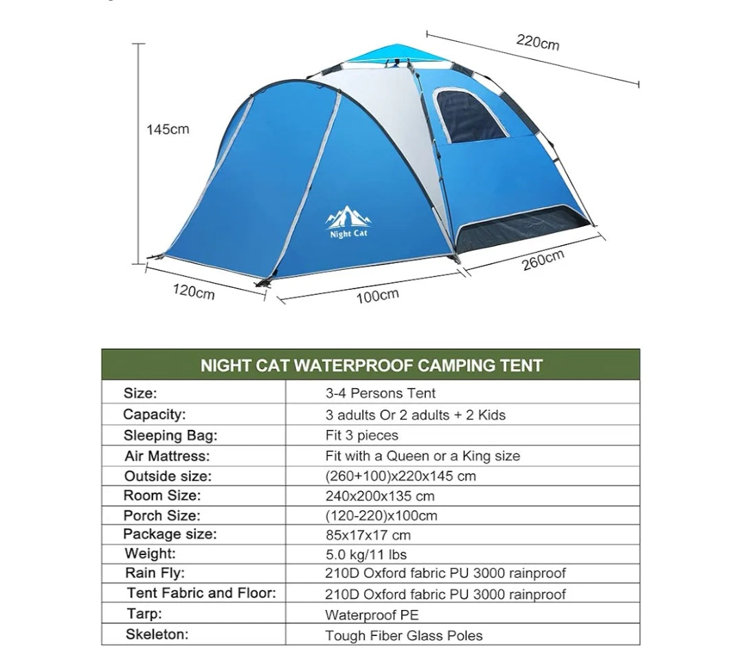 Night Cat Pop Up Tent 2 4 Man Person Camping Tent Waterproof Instant Automatic Easy Set Up Dome Holiday Tent For Car Camping Garden Beach BLUE