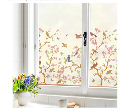 dktie Window Film Privacy Static Cling Frosted Window Film for Glass Window Anti-UV window film Removable No-glue Film Birds and Flowers Film for Kitchen, Bathroom, Office 90x200cm