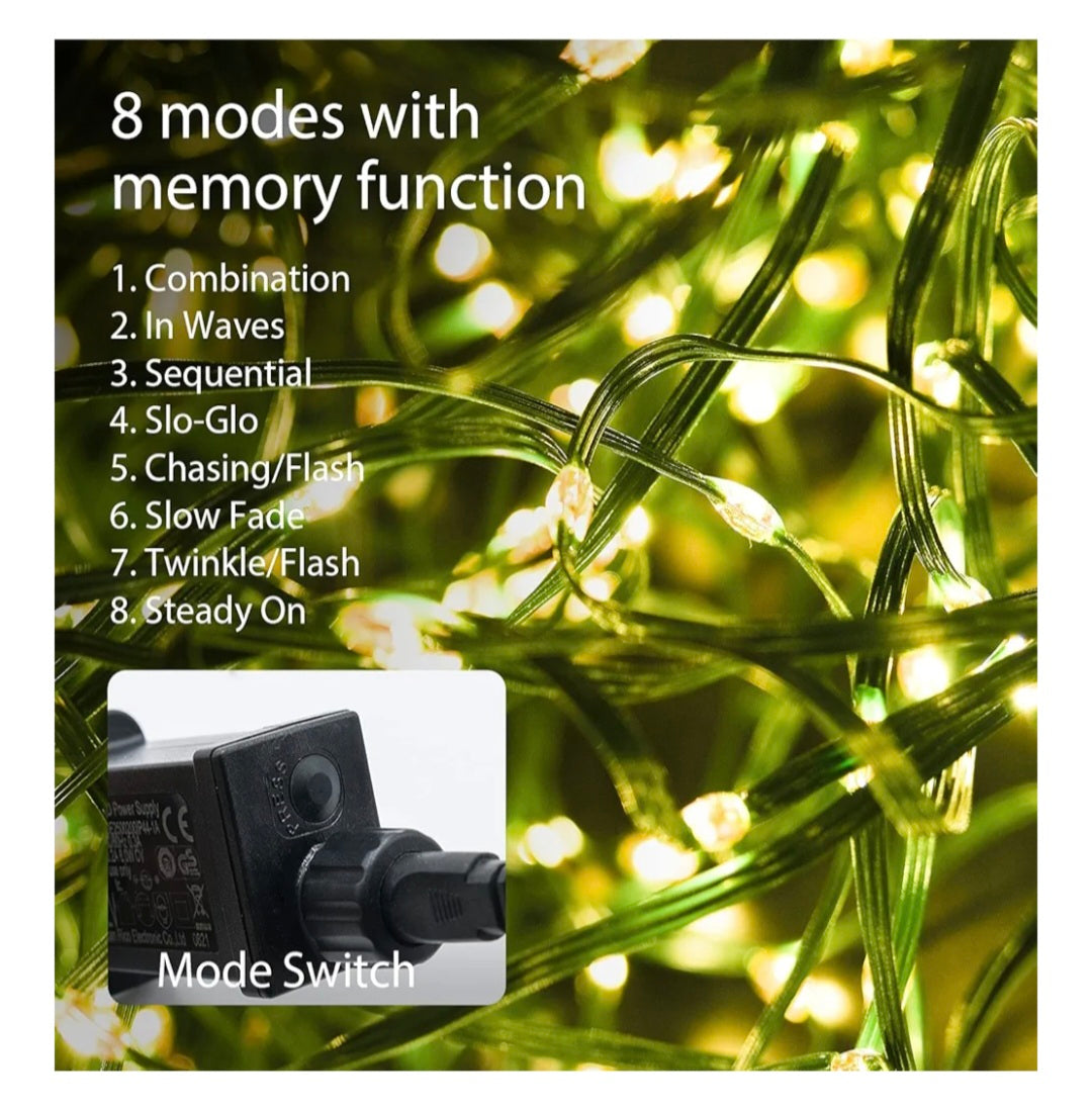 Warm White LED String Light Chain with 8 Modes IP44 Waterproof Copper Wire Fairy Lights for Outdoor and Indoor Use Garden Party Decoration 60m
