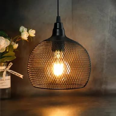 JHY DESIGN Black Metal Decorative Hanging Lamp Cage Battery Powered Pendant Light with 6 Hours Timer for Bar Bedroom Garden Parties Patio Indoor Outdoor Living Room (Round)
