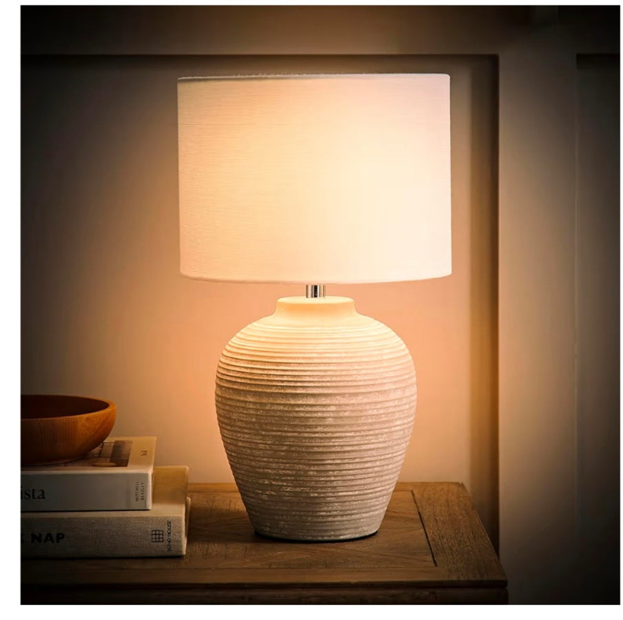 Reid Linen Drum Lamp Shade Stone Grey Ribbed Ceramic Small Table Lamp | Table Lamps, Home Décor