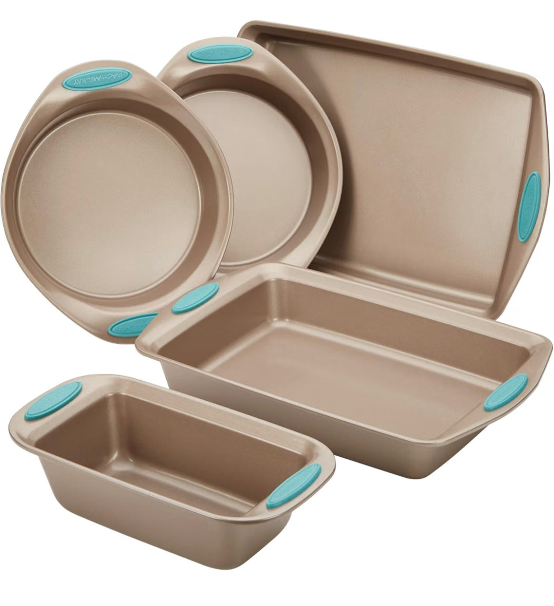Rachael Ray Nonstick Bakeware 5-Piece Set, Latte Brown with Agave Blue Handle Grips