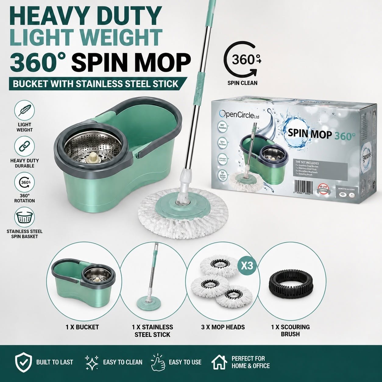 Spin Mop Set with Bucket, 3 heads, stick & scouring brush