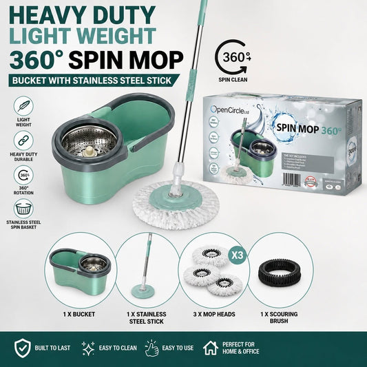 Spin Mop Set with Bucket, 3 heads, stick & scouring brush