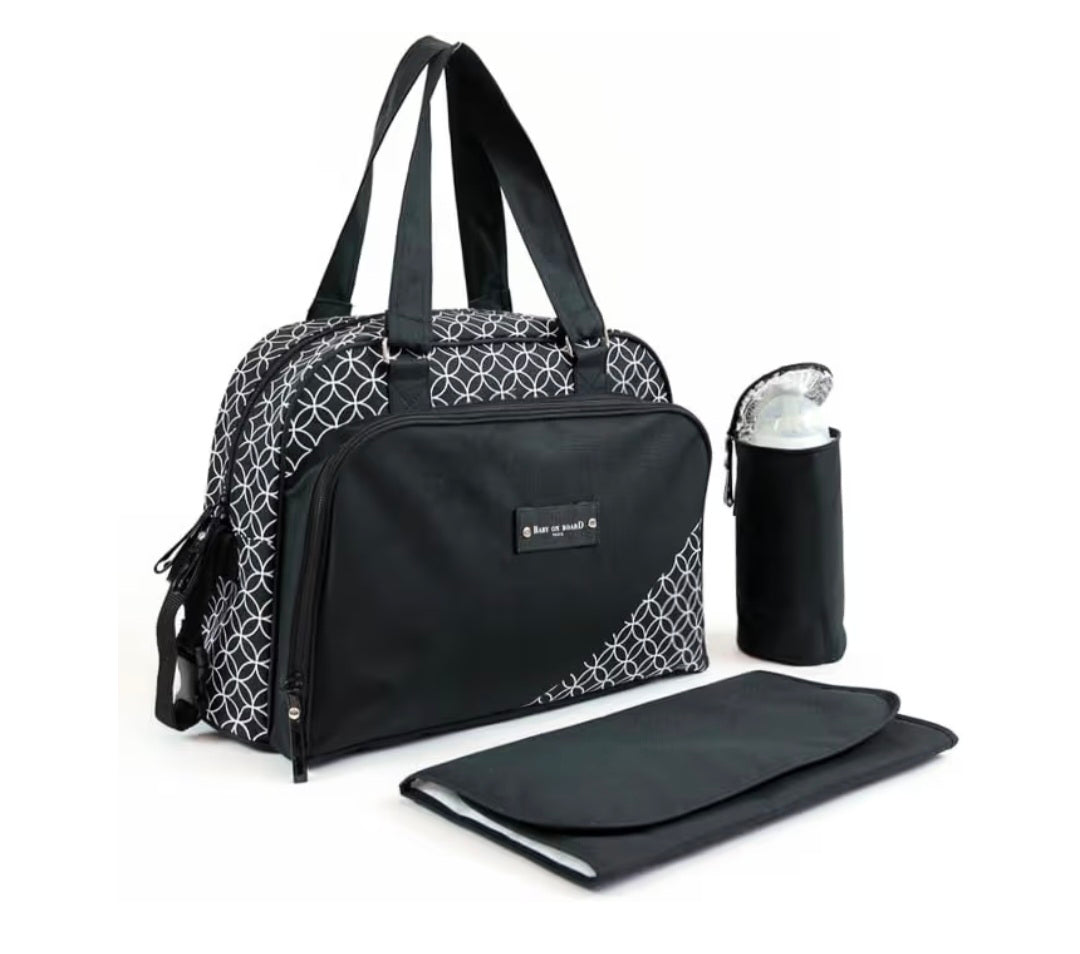 BABY ON BOARD Simply Star Changing Bag (Black/White) with Changing Mat & Bottle Holder