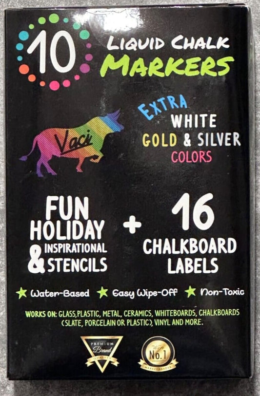 10 LIQUID CHALK MARKERS BRAND NEW IN BOX WITH STENCILS AND LABELS