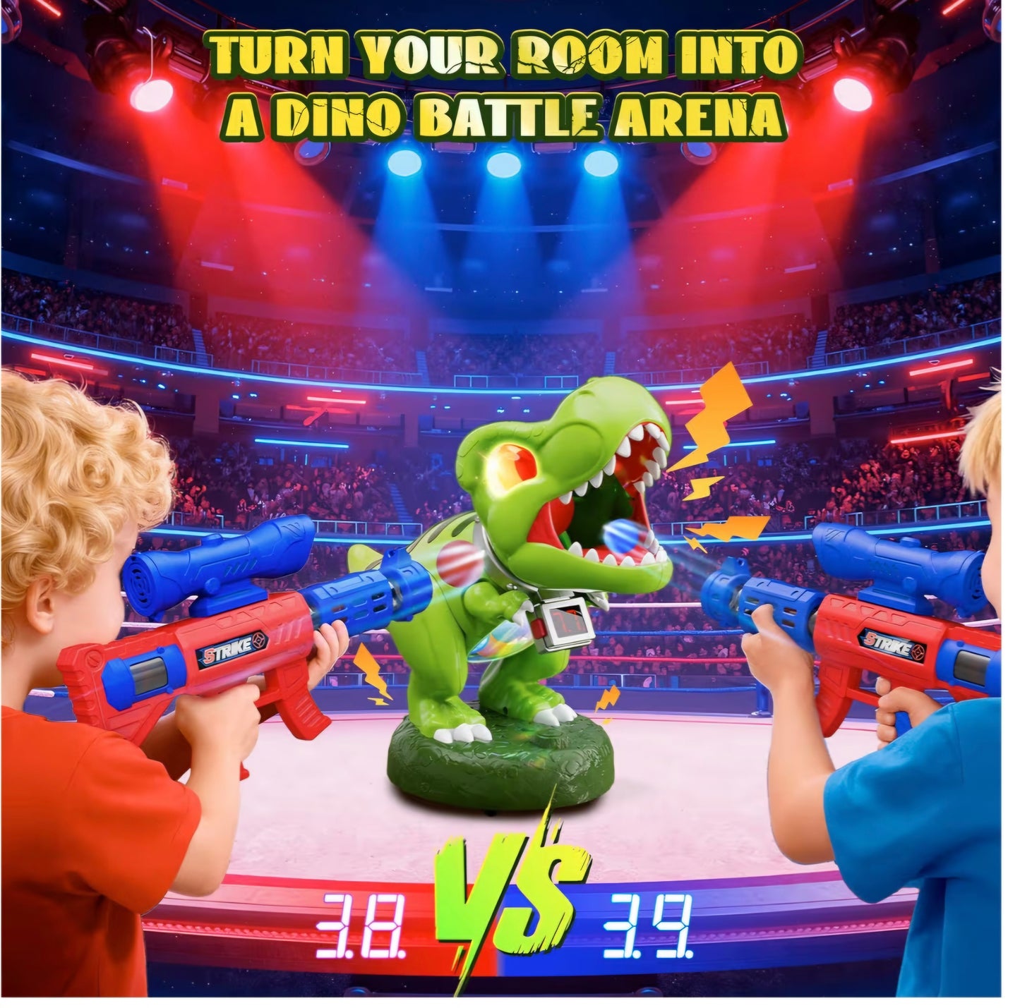 Dinosaur Moveable Shooting Toys Games, 2 Pack Air Pump Guns with Scope, Balls, Roaring, Dino Eye & Belly Glow, Score Counter