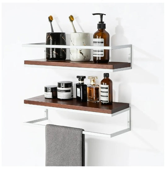 SAYAYO Bathroom Floating Shelves Set Of 2, 40cm Dark Wood Shelves with White Basket