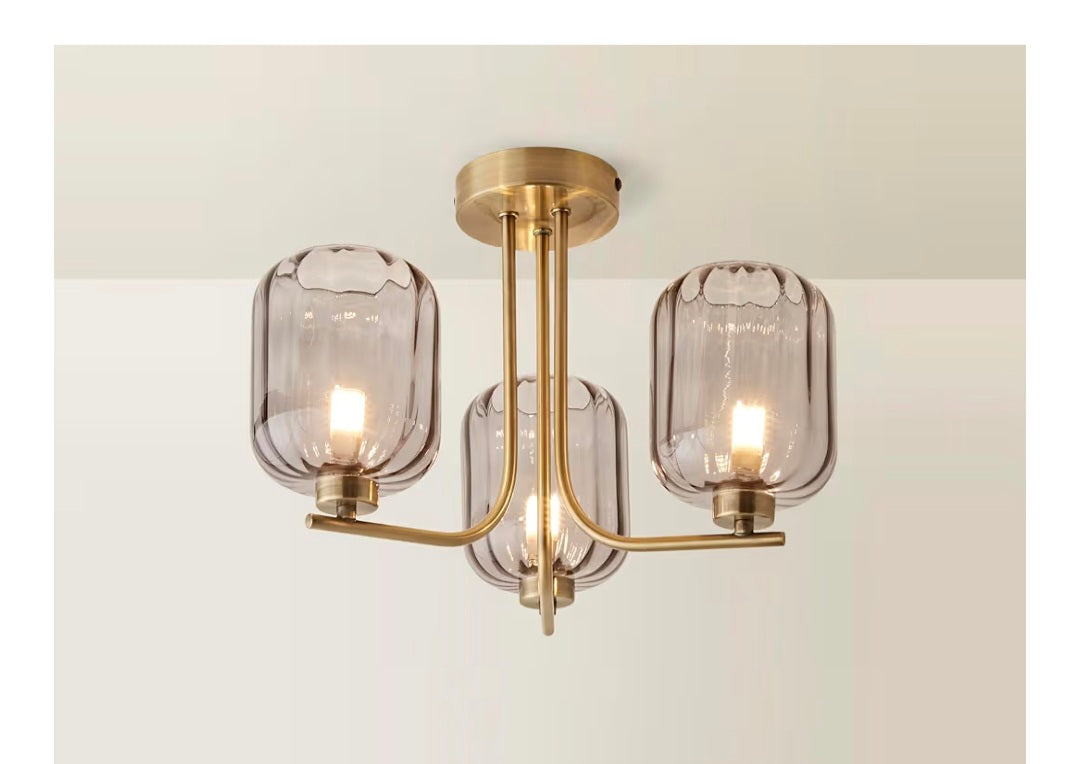 Gold 3 Way Ceiling Light Fitting with Smoked Ribbed Glass Shades | Pendant Lights, Home Décor & Improvement Essential | Mains Wired