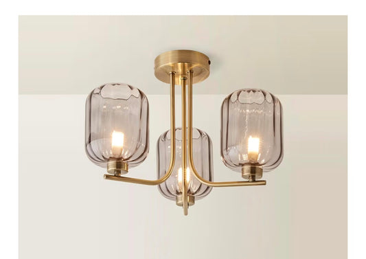 Gold 3 Way Ceiling Light Fitting with Smoked Ribbed Glass Shades | Pendant Lights, Home Décor & Improvement Essential | Mains Wired
