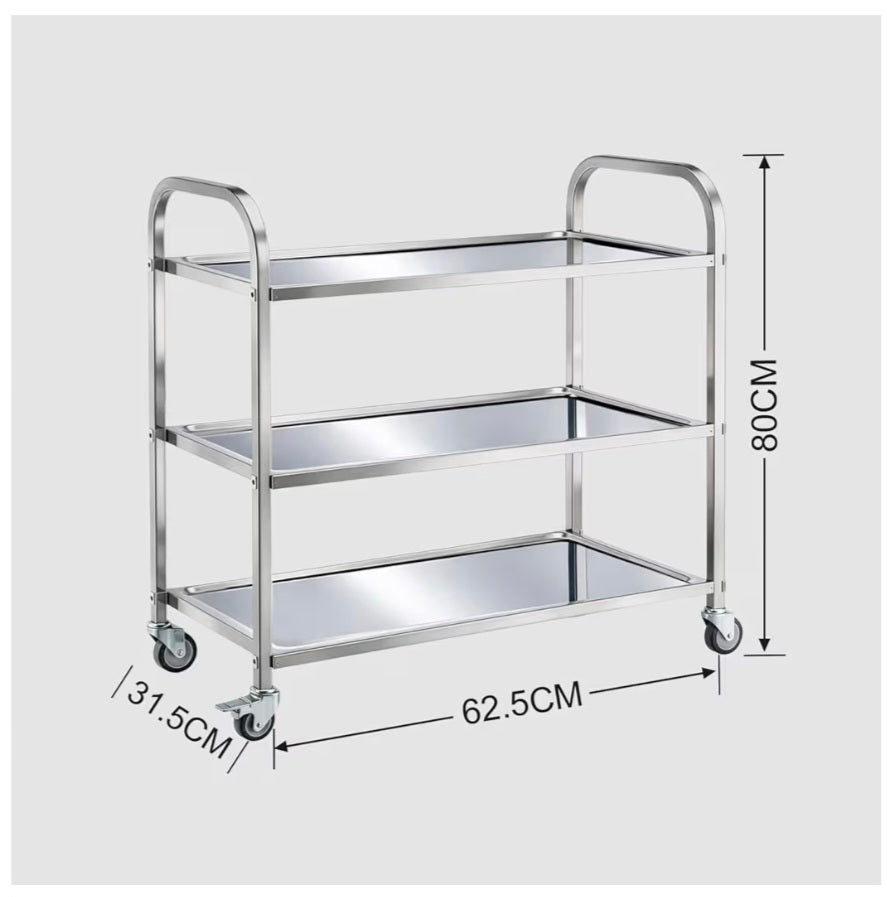3 Tier Stainless Steel Kitchen Utility Cart 62.5cm x 31.5cm x 80cm,Large Rolling Catering Storage Cart Trolley Storage Cart with Wheels