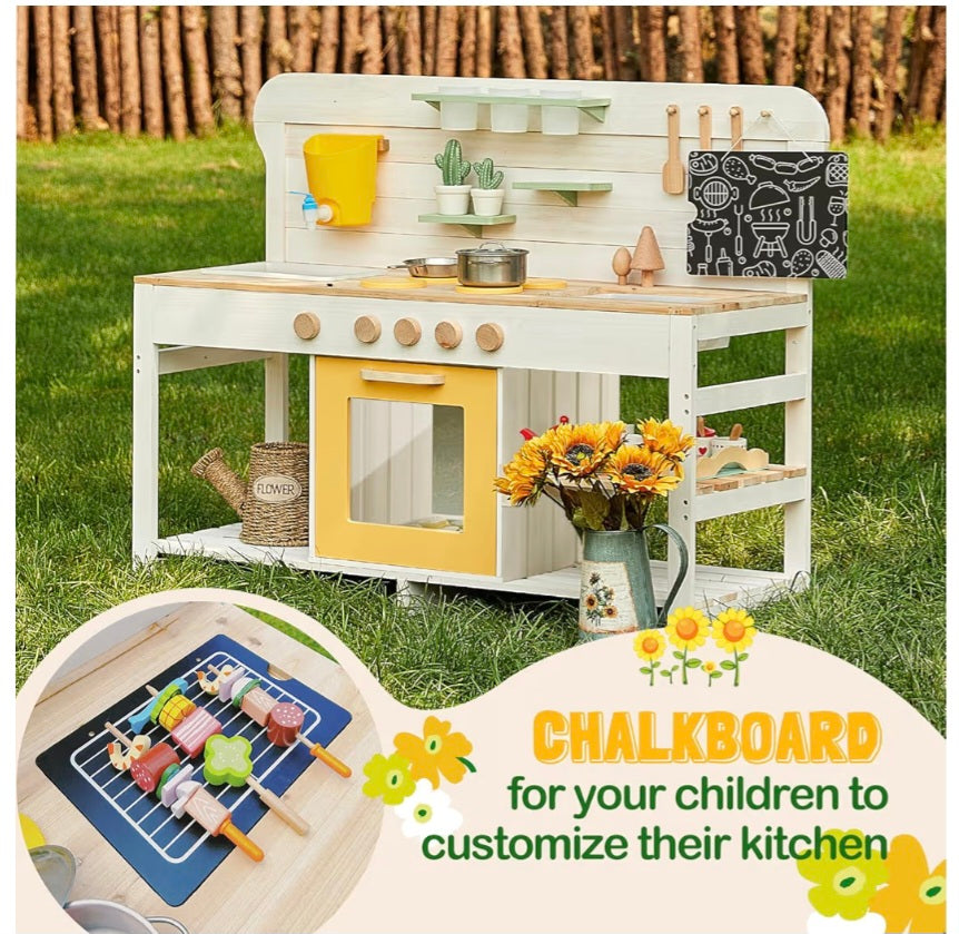 Giant bean Mud Kitchen for Kids Outdoor, Deluxe Wooden Toy Play Kitchen Set for Boys and Girls Ages 3-8 Indoor & Outdoor Activities, with Sand and Water Sink, Blackboard and Accessories
