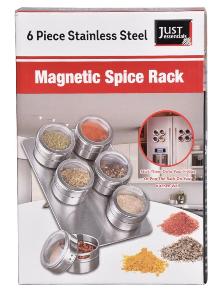 Magnetic Spice Rack - Pack of 6 Spice Jars ● Steel ● Jar with Clear Lid - Storage Container Pot - Spices for Cooking - Masala Dabba - Ideal for Herbs - Silver Pots,
