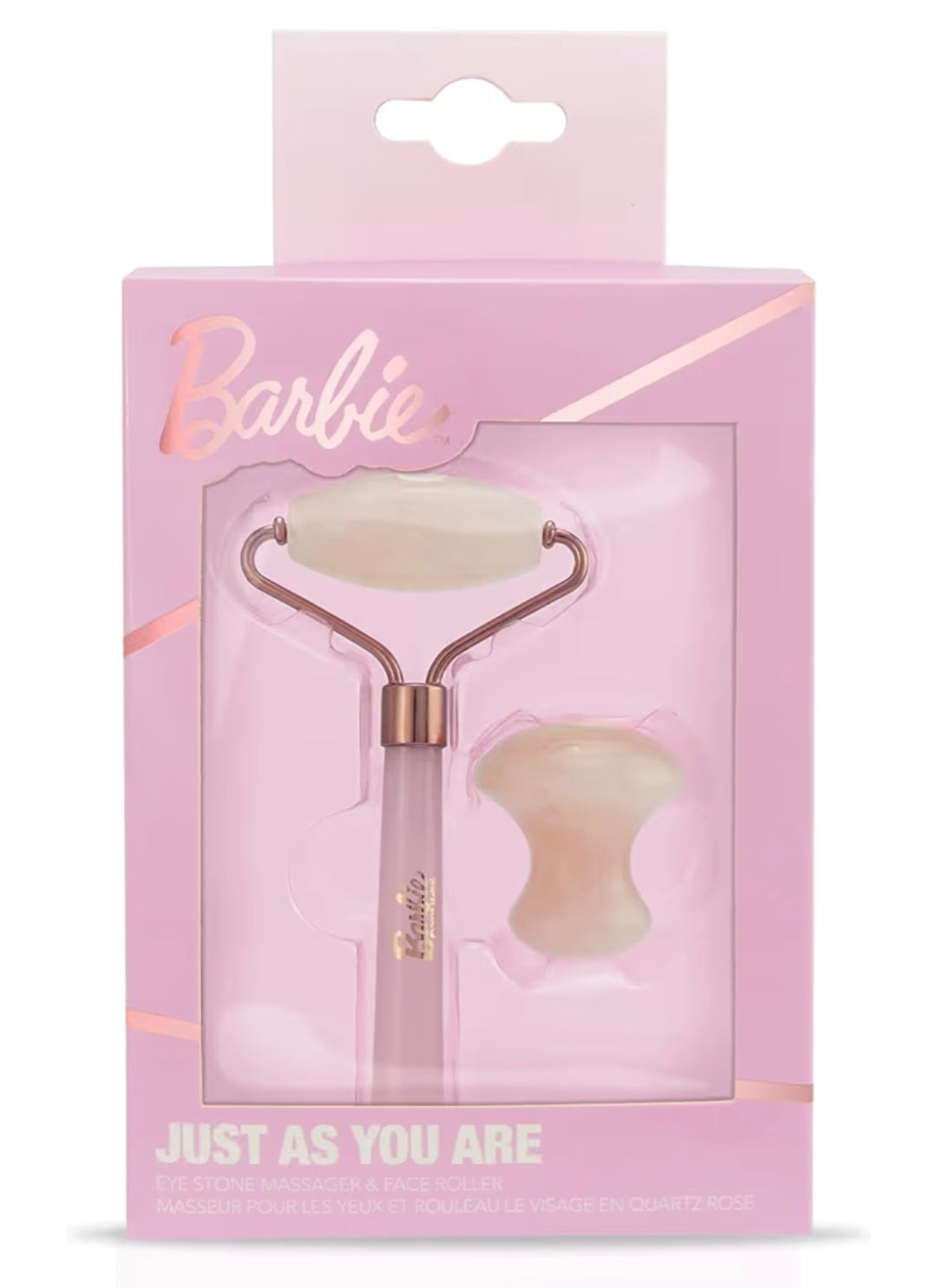 Rose Quartz Face Roller & Eye Massager Set – Facial Roller for Face & Neck – Cooling Under Eye Stone for Depuffing & Skincare – Self Care Beauty Gift for Women – Official Barbie Collection