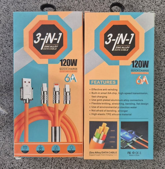 3 in 1 Durable Multi Head Fast Charging Cable 120W