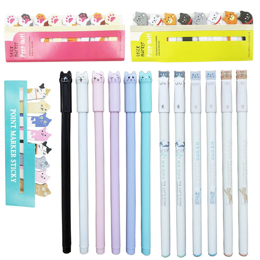12 Pieces Cat Creative Gel Pen and 3 Pieces Cute Cat Sticky Notes for Cat Lovers Home Office School Women Kids Gift(Writing Black)