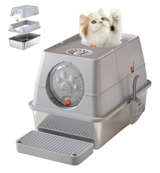 XL Cat Litter Tray, 30l Stainless Steel Litter Box with Detachable Enclosure, Includes Mat, Metal Scoop and Filter Pedal and Litter Saving