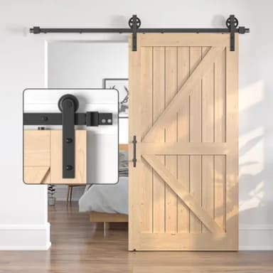 SANKEYTEW 8FT/244CM Sliding Door Kit,Single Wood Barn Door Sliding Kit,Heavy Duty Sliding Barn Door Kit,Black Sliding Door Track -Large Wheel
