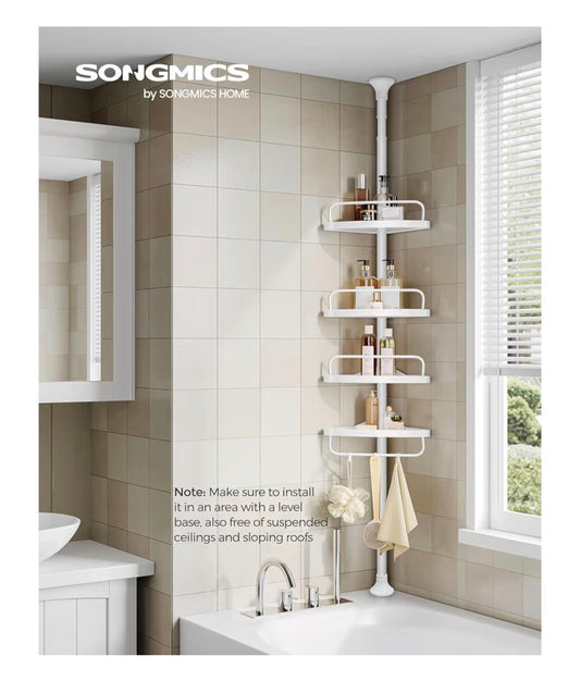 SONGMICS Shower Corner Shelf, 4-Tier Bathroom Shower Shelf, 85-305 cm Adjustable Shower Caddies, Bathroom Organiser, White BCB001A