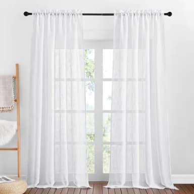 PONY DANCE White Net Curtains - Voile Curtains 95 drop pair Natural Living Room Front Door Net Curtains Faux Linen Look Slot Top Long Curtain Sheer Room Divider, 2 Panels, 52 x 95 inch