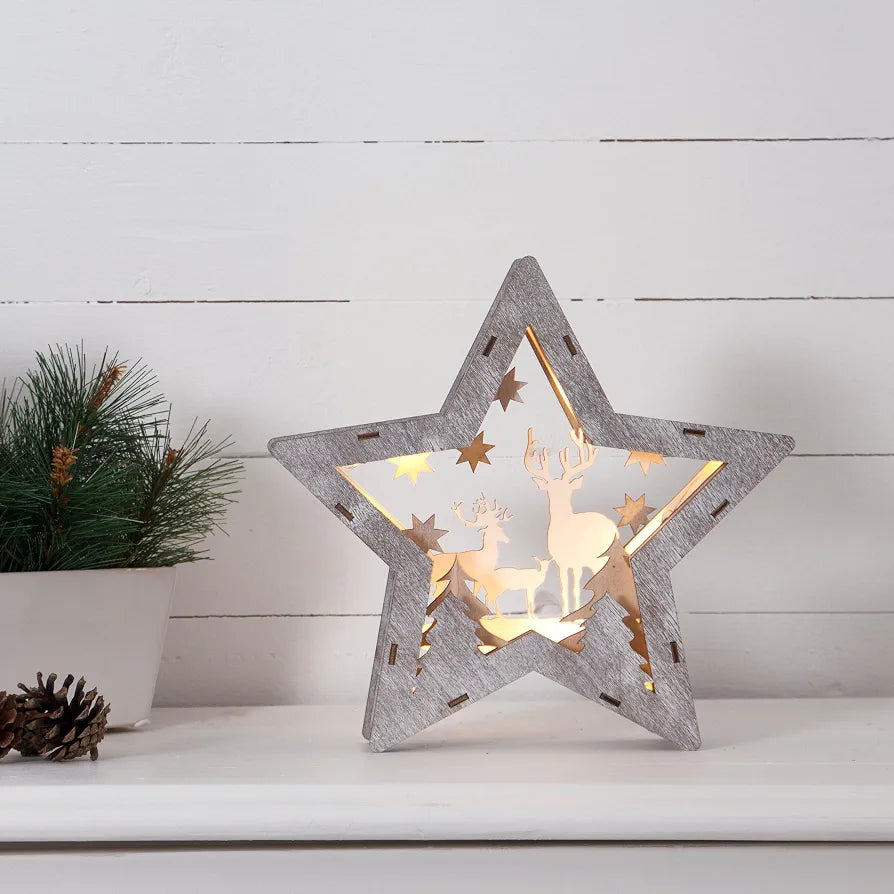 EGLO LED Christmas Decoration - Star Shaped Christmas Silouette With Forest Design, Winter Design With Battery Powered Warm White Lighting, 25x24 cm