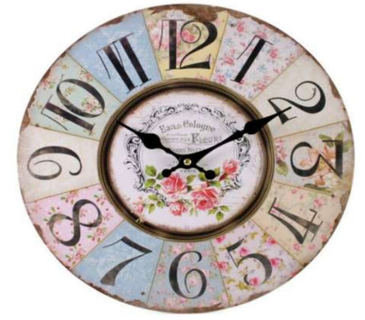Shabby Chic Floral Patchwork Clock - Vintage Wall Clocks for Living Room, Bedroom and Kitchen - Multi-Coloured Cute Retro Style Clock 34cm