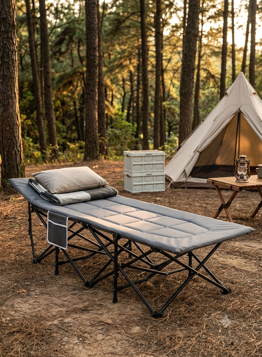 Padded Folding Camping Bed With Storage Tie String Carry Bag