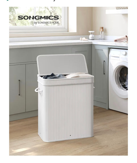 SONGMICS Laundry Hamper with Lid, 100 L Bamboo Laundry Basket, Removable Machine Washable Hamper Basket, with Handles, for Laundry Room, Bedroom, Washroom, White LCB063W01