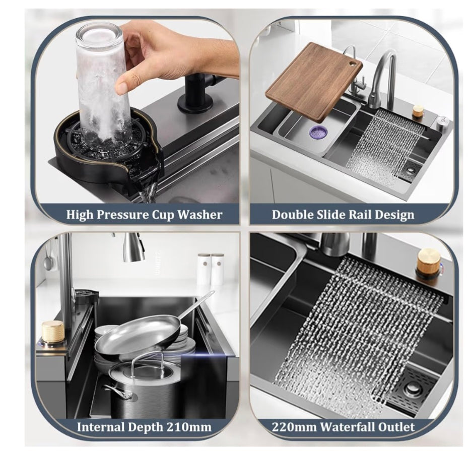 Stainless Steel Waterfall Kitchen Sink Combo With Pull-Out Faucet Nano-Coated Topmount Single Bar Bowl Sink, Workstation Sink With Accessories, Pressure Pot Washer(Black-Grey B,85x50cm) Gold dials