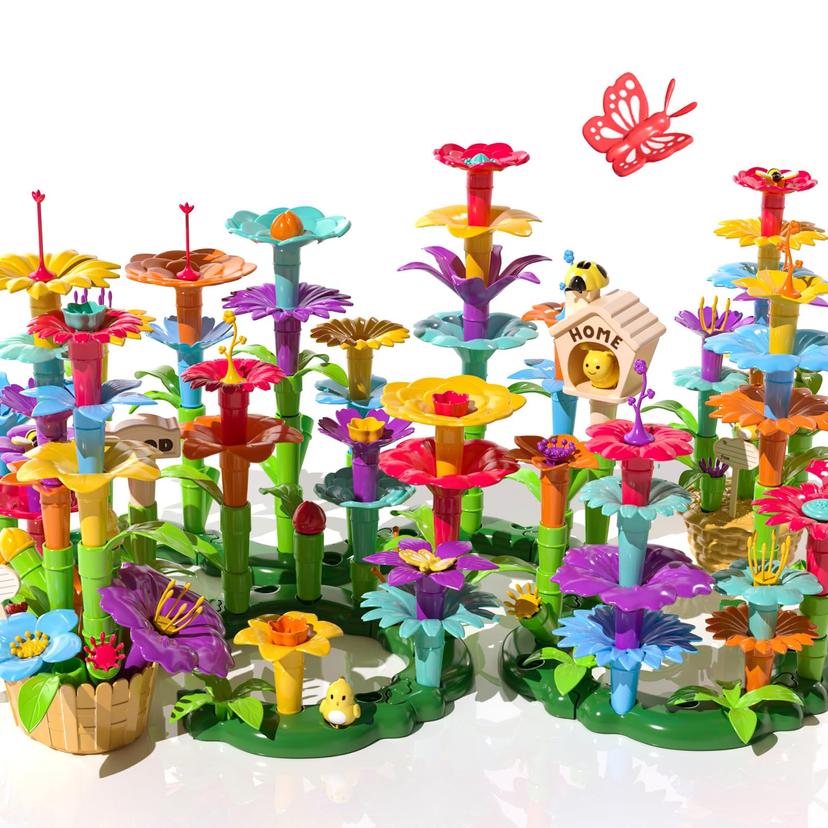 TEMI 138 PCS Garden Building Blocks Educational STEM Toy and Preschool Garden Play Set for Kids Age 3-7, Flower Stacking Toys for Boys and Girls