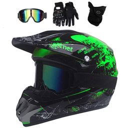 Motocross Helmet, with Goggles Mask Gloves, Youth Kid Full-Face Off Road Motorcycle Crash Helmet, MTB BMX Downhill Quad Bike Enduro Racing Dirt Bike Helmet,Green various sizes