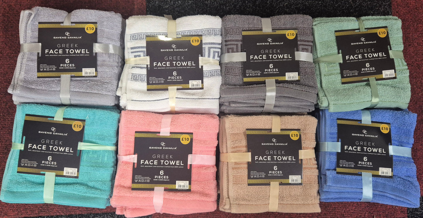 Greek Design Luxury Face Towels 6 Pack various colours
