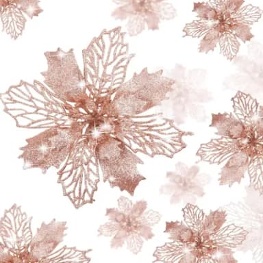 36Pcs Christmas Poinsettia Flowers, Rose Gold Glitter Artificial Poinsettia Flowers Christmas Tree Ornaments for Wedding Christmas Wreath Home Party Decor (3 Size)