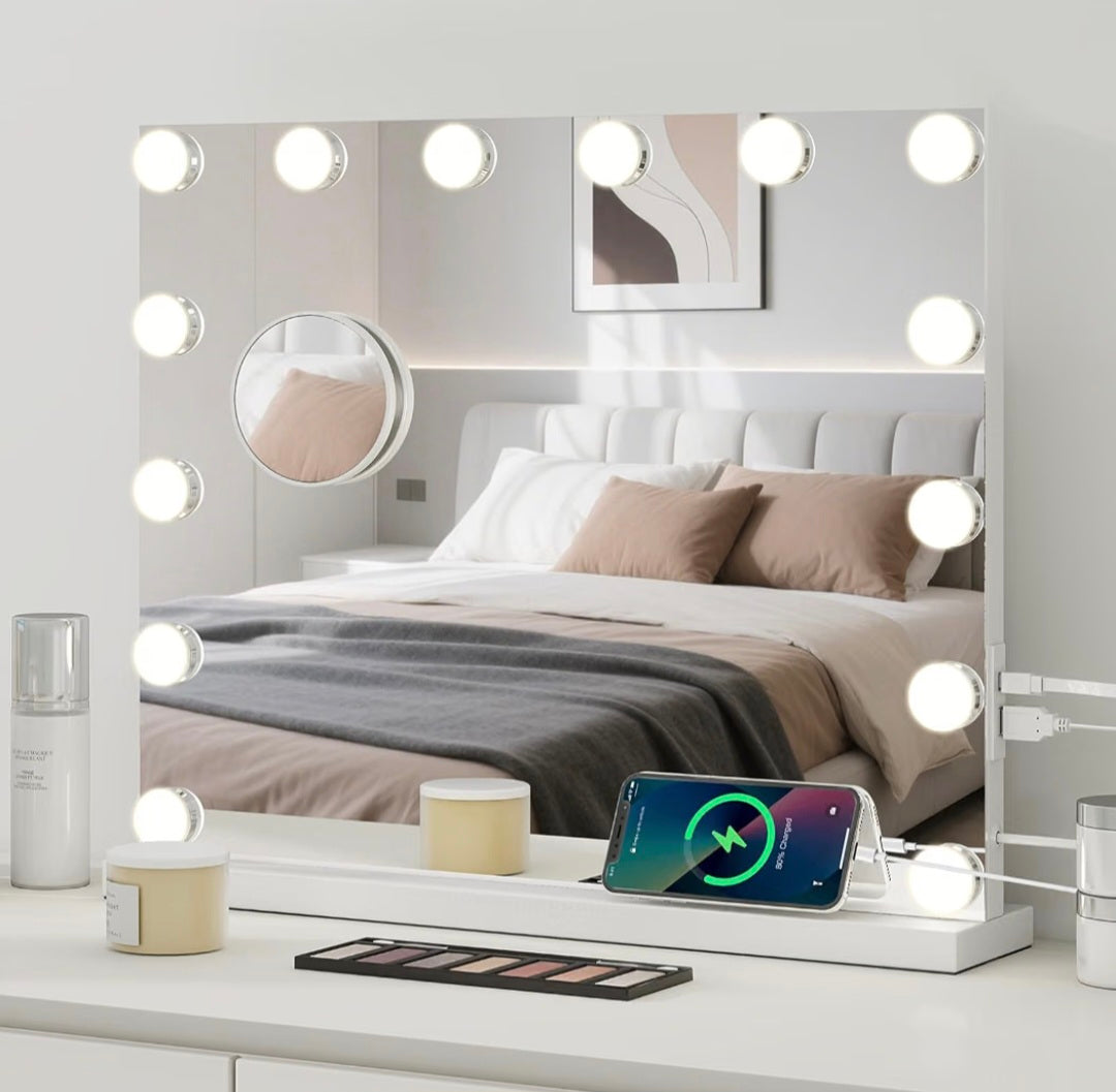 Hollywood Vanity Mirror with Lights, Large Lighted Makeup Mirror 14 Dimmable LED Bulbs, Touchscreen, USB Charging Port, Tabletop or Wall Mounted Light Up Vanity Mirror, 50x42cm -Bedroom