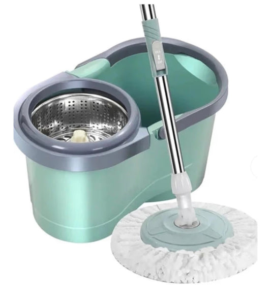 Open Circle 360 Spin Mop and Bucket System, Mint Green, Stainless Steel Handle, Wet and Dry Floor Cleaning with Microfiber Heads and Self-Wringing Bucket