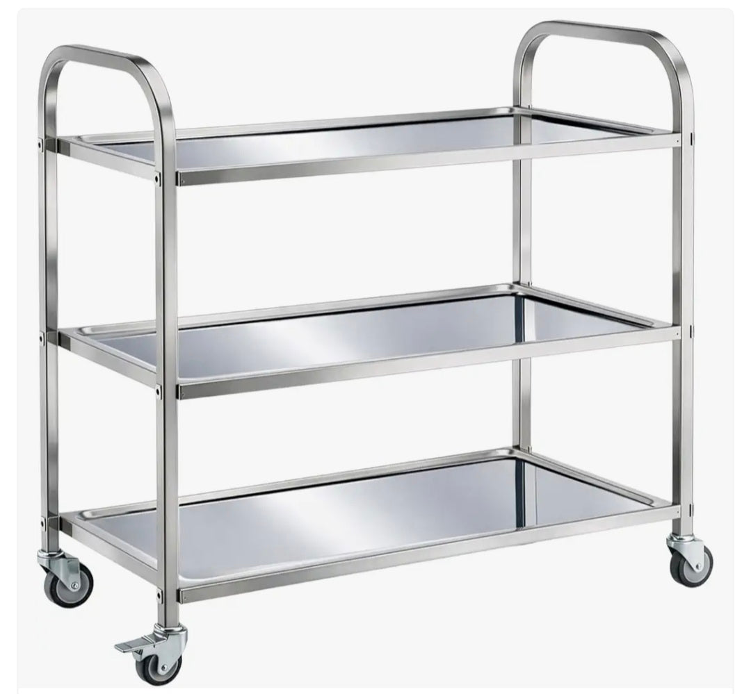 3 Tier Stainless Steel Kitchen Utility Cart 62.5cm x 31.5cm x 80cm,Large Rolling Catering Storage Cart Trolley Storage Cart with Wheels