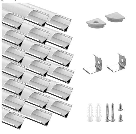 20 Pack 3.3ft/1Meter V Shape LED Aluminum Channel System with Milky Cover, End Caps and Mounting Clips, 1M Aluminum Profile for LED Strip Light Installations