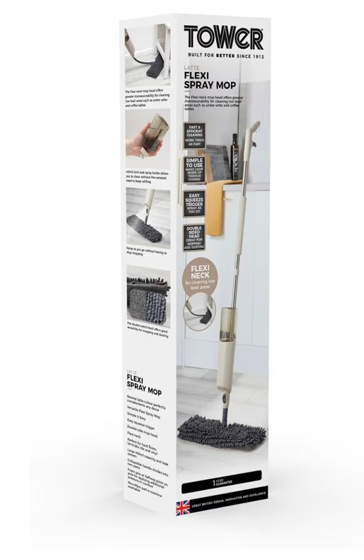 Tower Flexi Spray Mop, Double-sided head, Flexi-neck, Latte & Grey