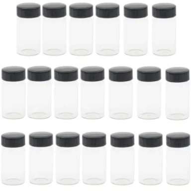KAHEIGN 20Pcs Clear Glass Vials, 20ml 2/3 Oz Sample Glass Bottles with Plastic Screw Black Cap Transparent Lab Vials Container
