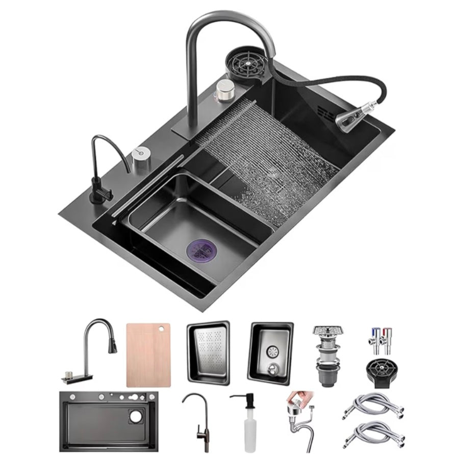 Stainless Steel Waterfall Kitchen Sink Combo With Pull-Out Faucet Nano-Coated Topmount Single Bar Bowl Sink, Workstation Sink With Accessories, Pressure Pot Washer(Black-Grey B,85x50cm) Gold dials