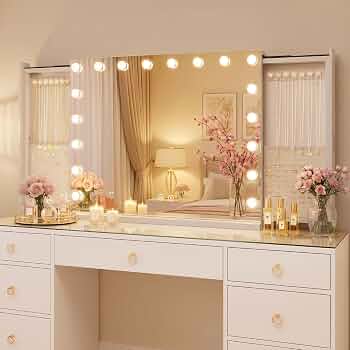 Hollywood Vanity Mirror with Lights Large Makeup Mirror with 18 Dimmable LED Bulbs Lighted Vanity Mirror with Music Speaker 3 Color Modes Makeup Mirror with Lights and Magnification 80x60
