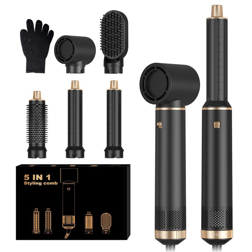 5 in 1 Hair Dryer Brush Multifunctional Air Styler with 30mm Curler, Detachable Tools for Drying, Curling & Volumising - Black