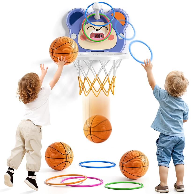 2 in1 Electronic Scoreboard Basketball Hoop Set with Ring Toss for Toddlers