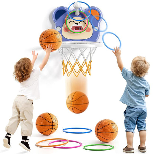 2 in1 Electronic Scoreboard Basketball Hoop Set with Ring Toss for Toddlers