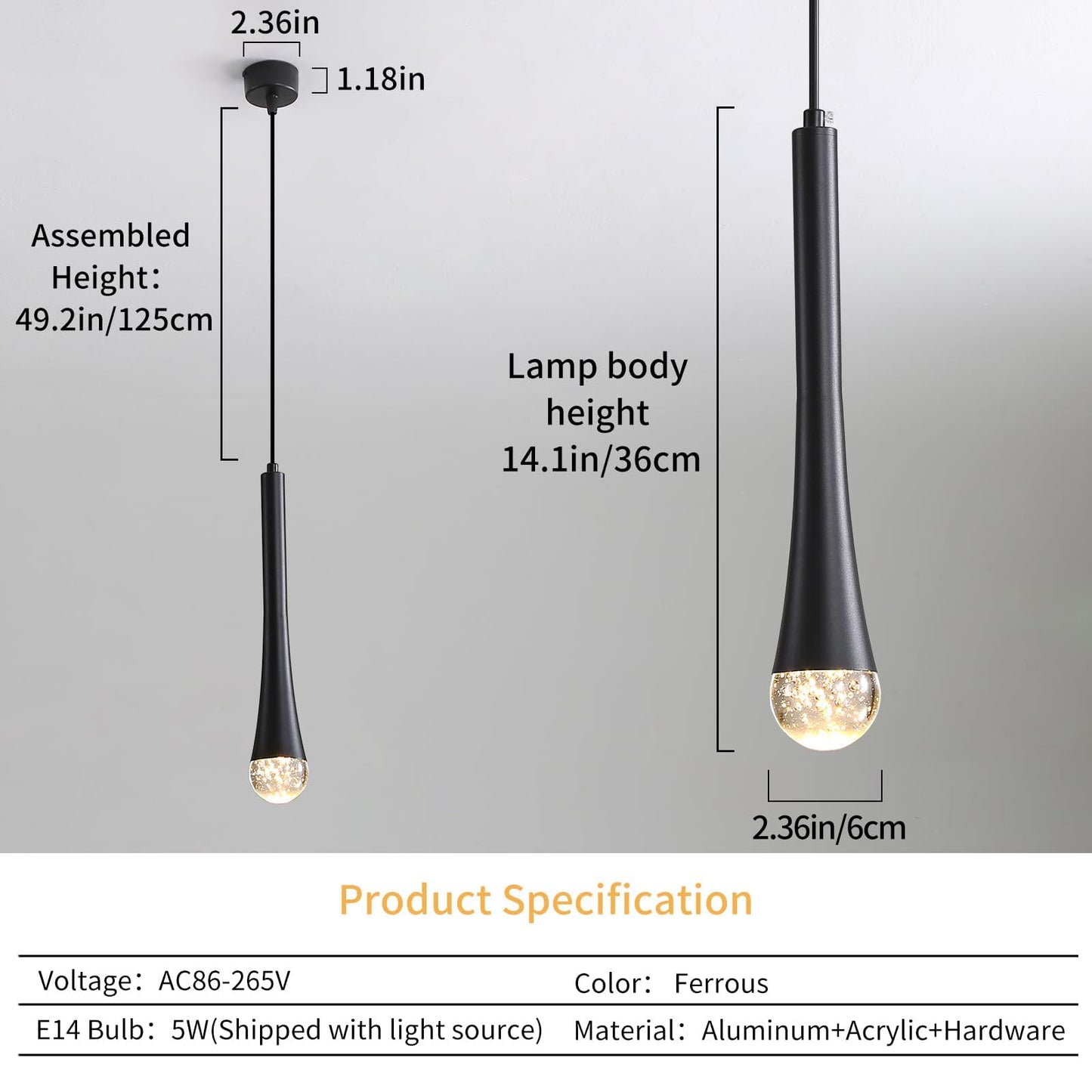 Modern Teardrop Design Black 2 Pack LED Ceiling Pendant Light, 3 Colour Temperature (3000K/4500K/6500K) Pendant Light, Removable E14 Bulb,