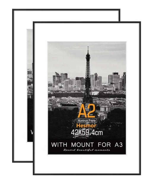 Hesmor A2 Aluminum Acrylic Picture Frames in Black - A2 Photo Frames 16.5 x 23 inch Size Black Pictures Frames with Clear Plexiglass for Wall Mounting, Set of 2 Poster Frames with Mat for A3