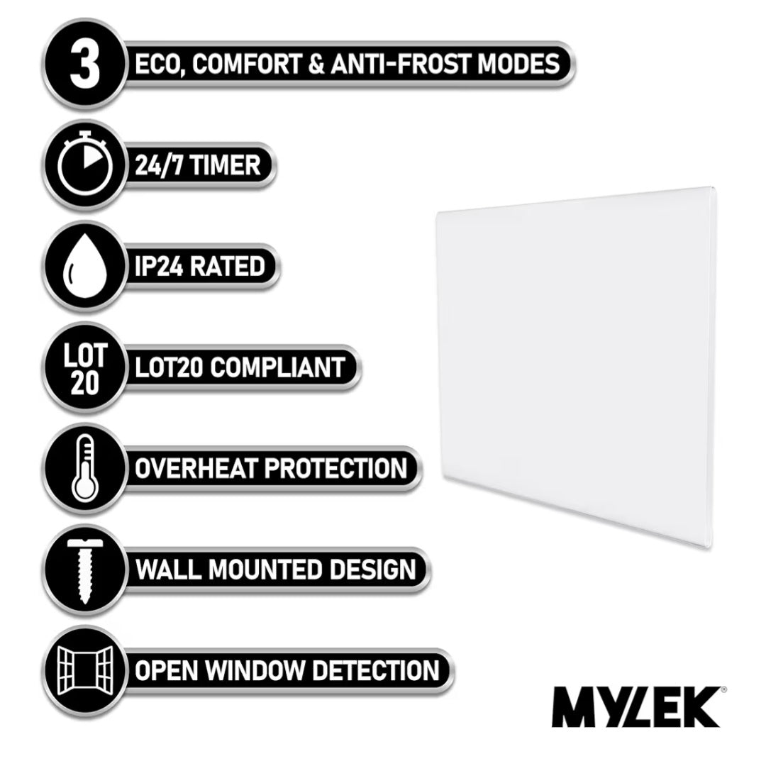 MYLEK Panel Heater Radiator Electric 0.5KW - Daily and Weekly Timer, Digital Thermostat - Wall Mounted Slimline White Panel Heater for Bathroom, Office, Bedroom, Garage (500 Watt) Lot 20 Compliant