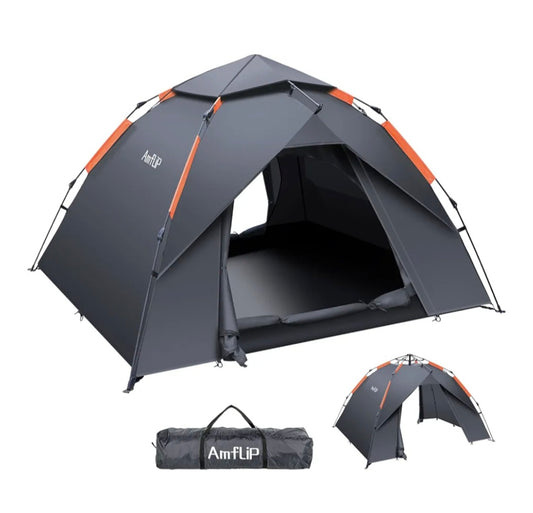 Camping Tent Automatic 2-3 Man Person Instant Tent Pop Up Ultralight Dome Tent 4 Seasons Waterproof & Windproof Camping Tent with Removable Outer Tarpaulin, Double Layers Grey