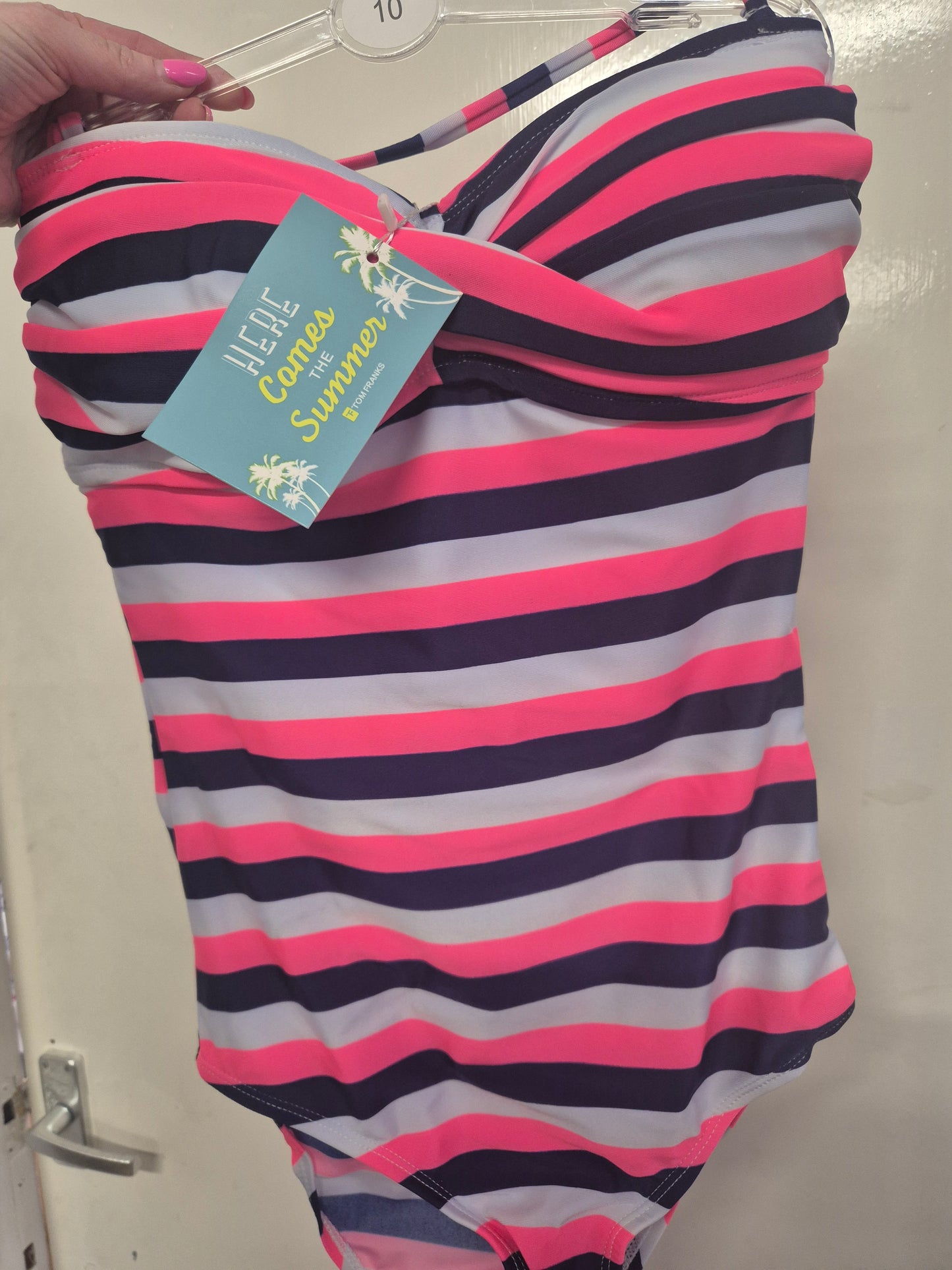 Tom Franks Halterneck Pink White Stripe Swimming Costume Bathing Swimsuit One Piece Padded sizes 10-18