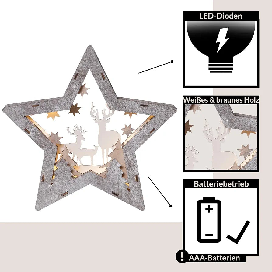 EGLO LED Christmas Decoration - Star Shaped Christmas Silouette With Forest Design, Winter Design With Battery Powered Warm White Lighting, 25x24 cm